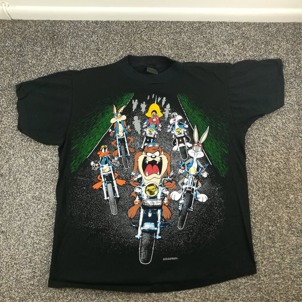 Vintage 1993 Looney Tunes T-Shirt Biker Double Sided Taz Bugs Daffy Mens Large